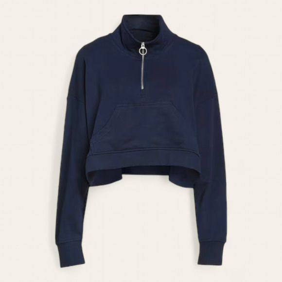 WeWoreWhat 90's Slouchy Terry Cropped Navy Blue Quarter Zip Pullover Sz S NWT - Picture 1 of 10